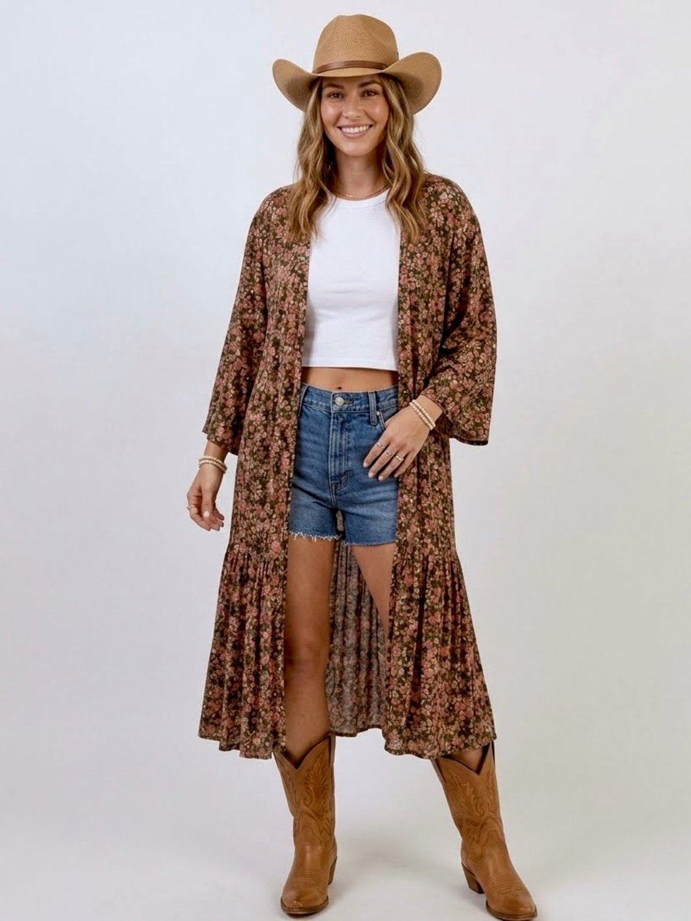 Boho Open Front Festival Floral Kaftan Duster Kimono Cardigan, Size S, NWOT